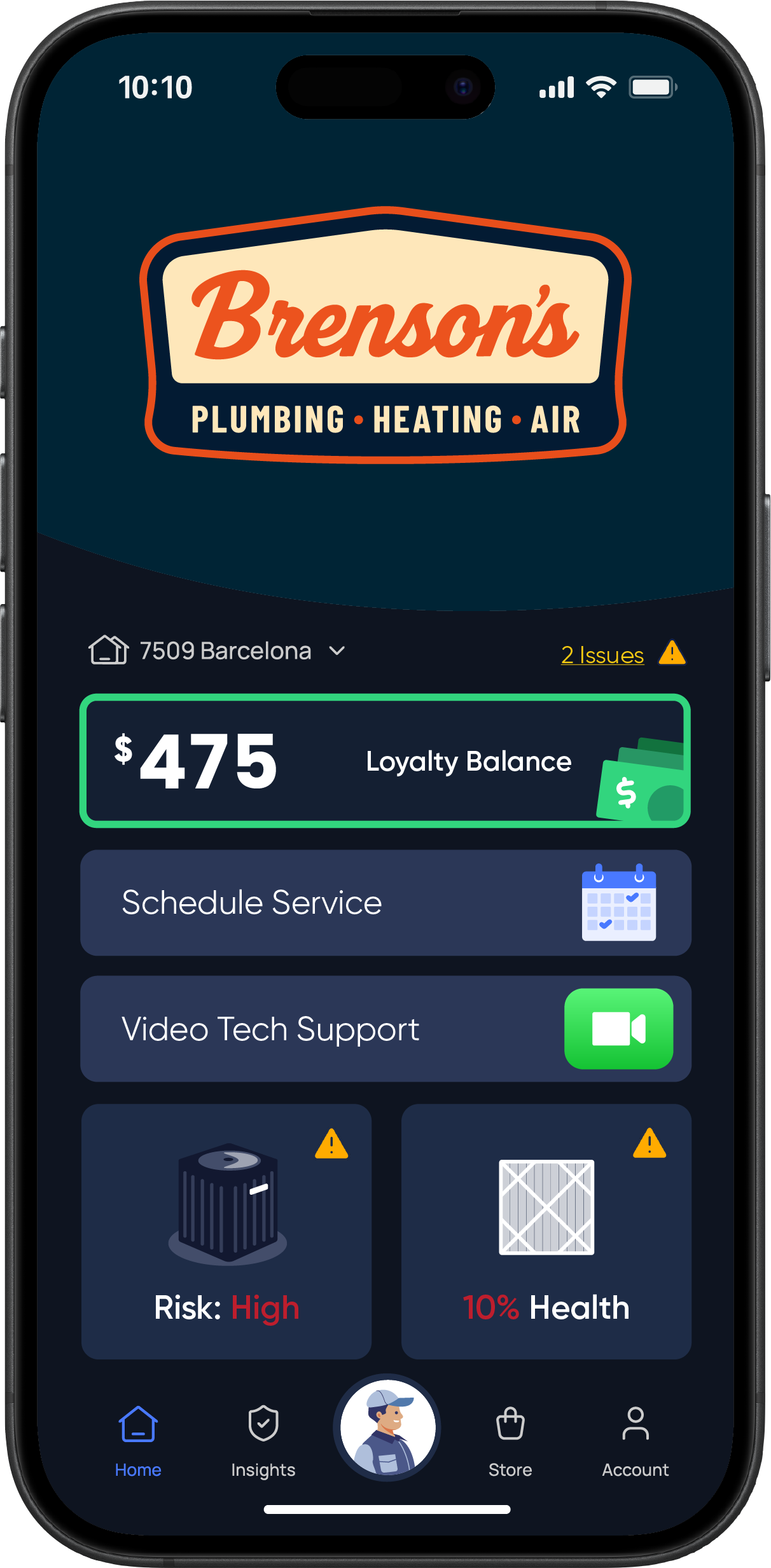 SmartAC homeowner app showing loyalty rewards and 1-click scheduling